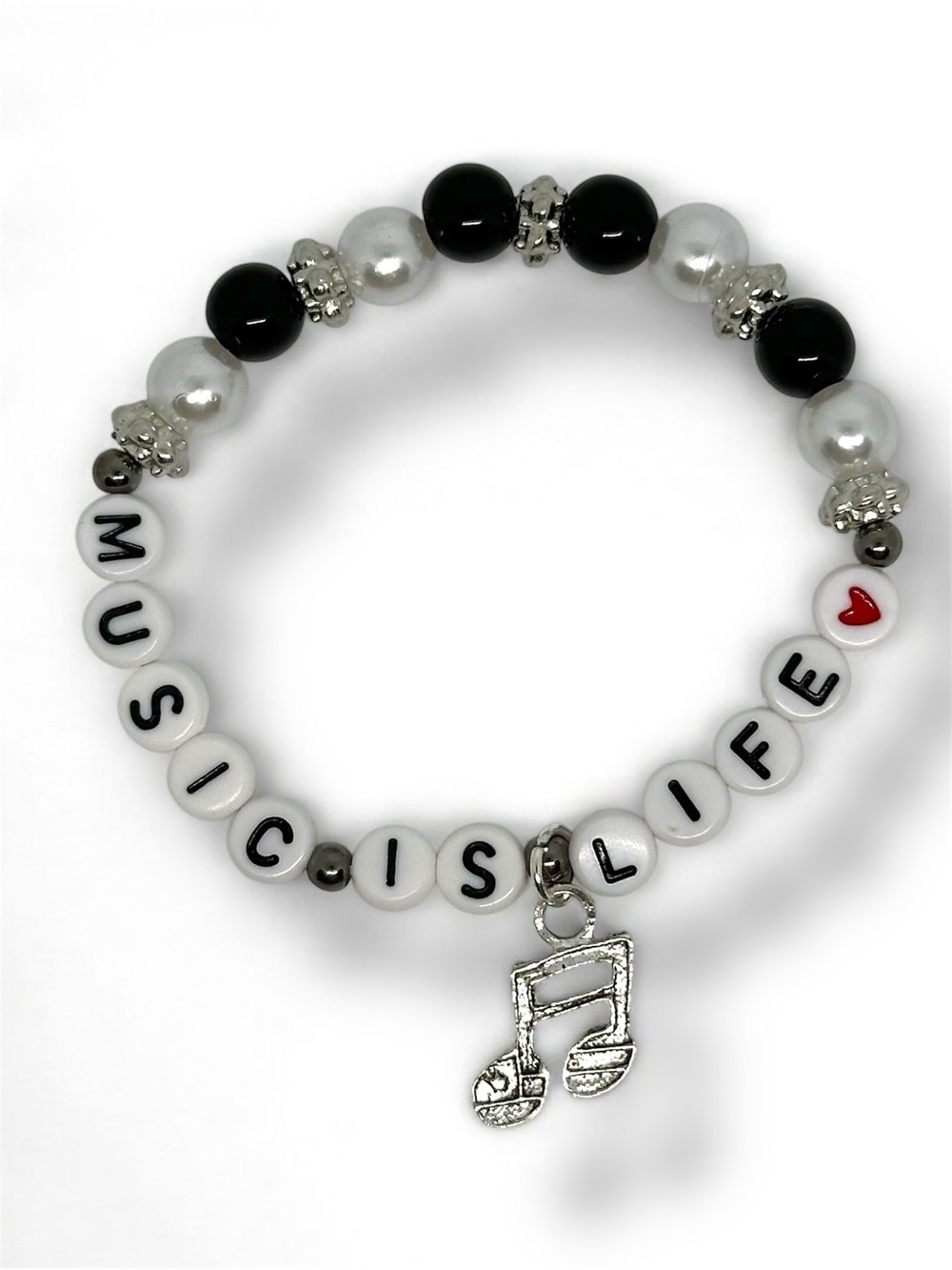 Music Is Life Handmade Beaded Charm Bracelet - Black & White